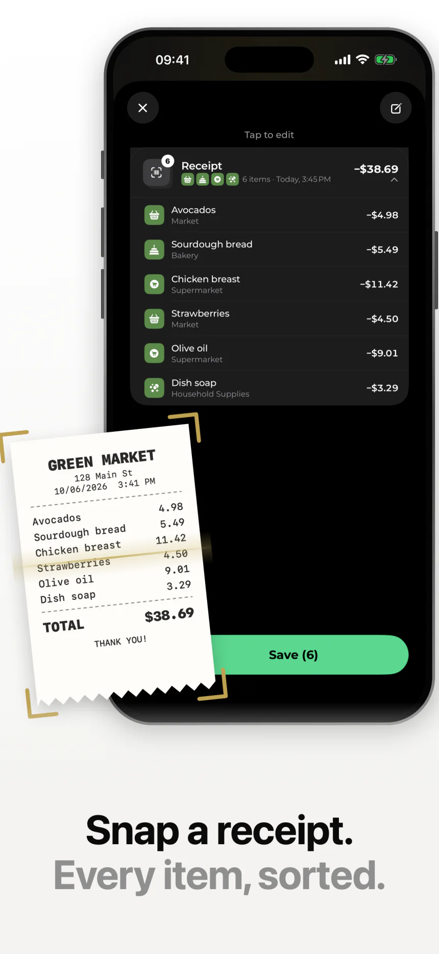 Snap a receipt. Every item, sorted.
