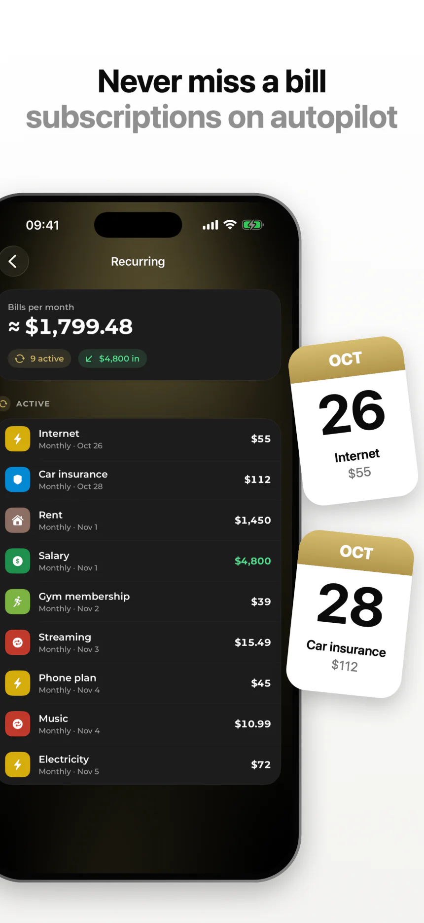 Never miss a bill — subscriptions on autopilot