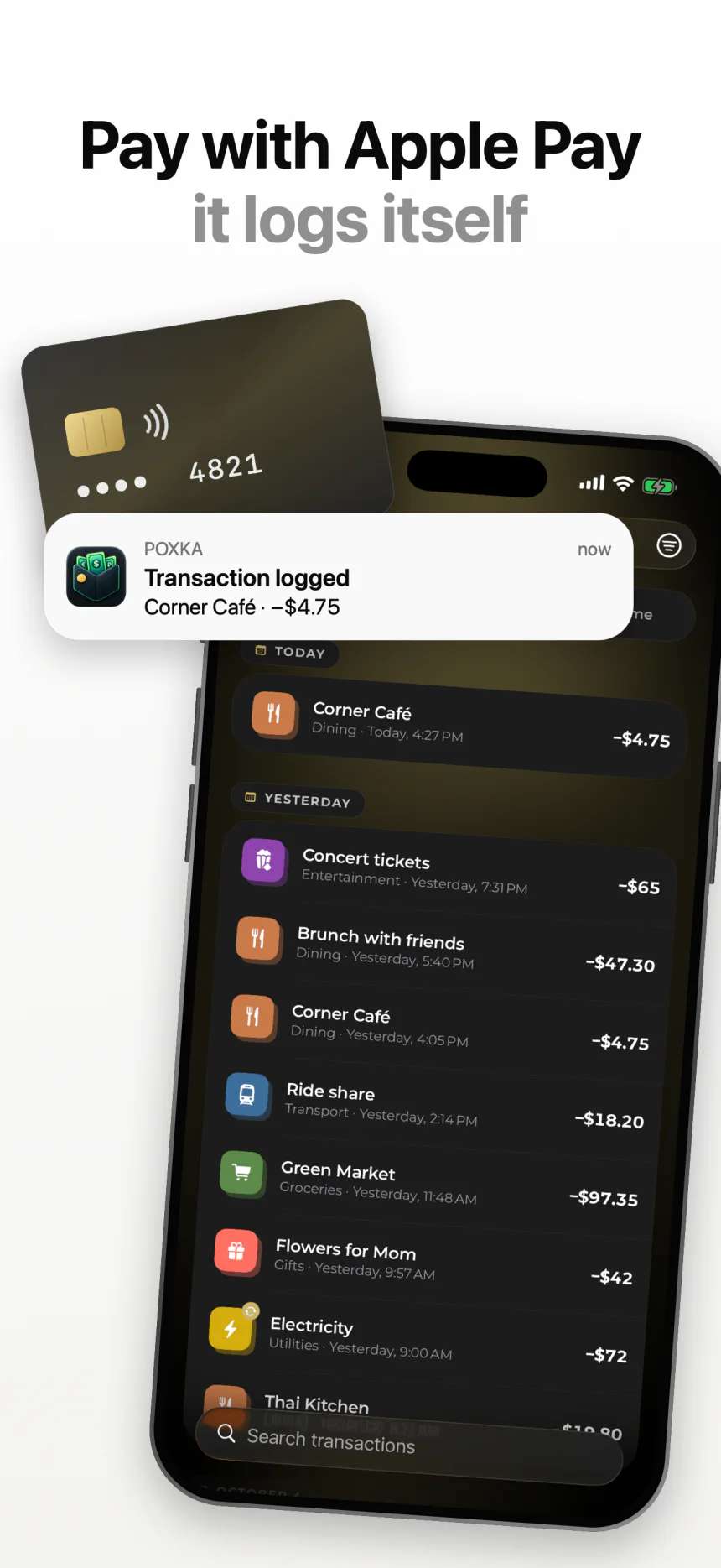 Pay with Apple Pay — it logs itself
