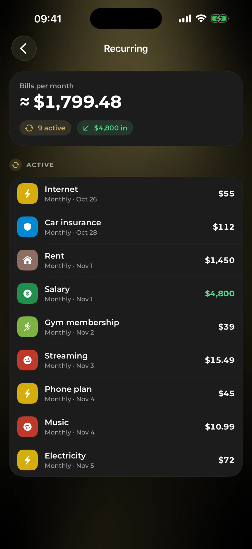 Recurring bills and subscriptions